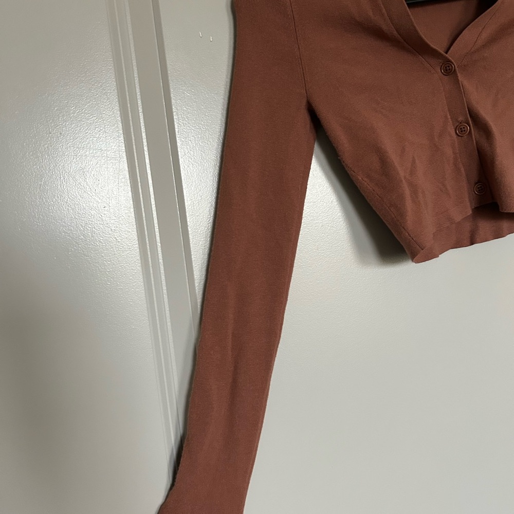 Sunday Best Cropped Long Sleeve Cardigan in Chestnut Brown - Picture 3 of 5